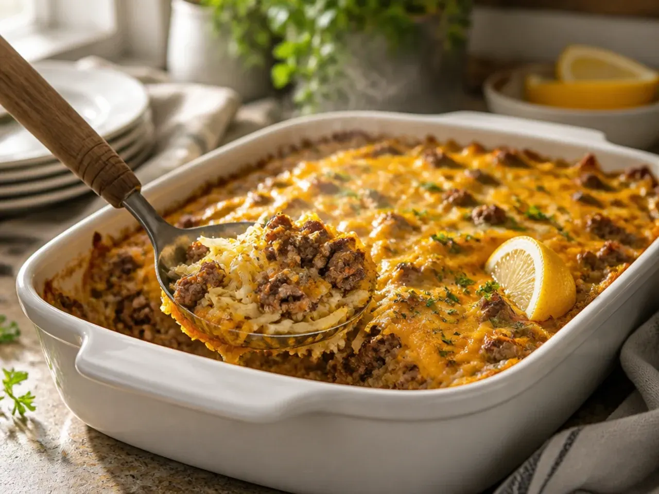 Hands mixing shredded hash browns, ground beef and creamy sauce in a large glass mixing bowl.