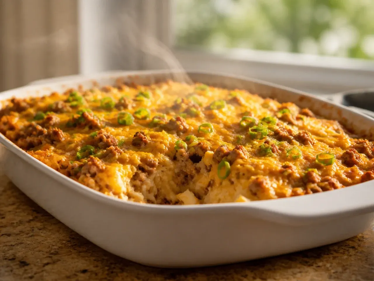 Two baking dishes side by side comparing hashbrown casserole with ground beef and the classic cornflake-topped version.