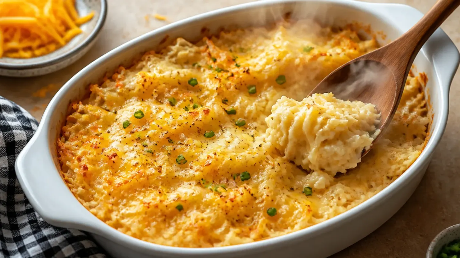Golden baked hashbrown casserole in a white dish with a crispy cornflake topping and melted cheddar