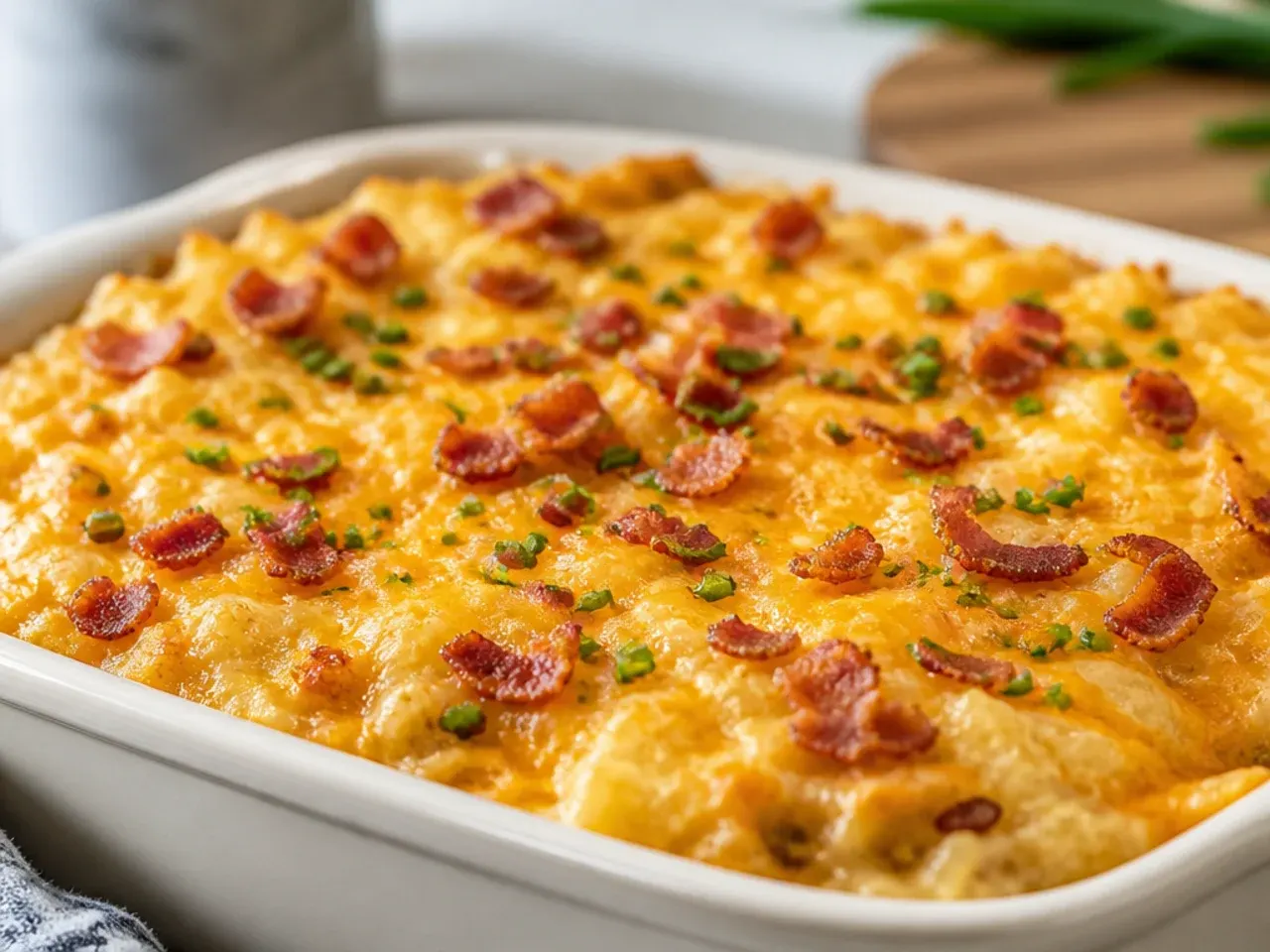 Overhead shot of a full baking dish of hashbrown casserole ready to serve