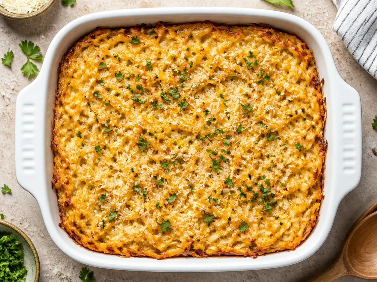 Classic hashbrown casserole with a golden cornflake topping in a baking dish