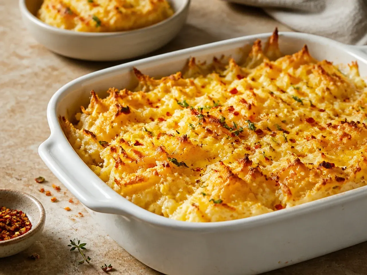 Easy hashbrown casserole topped simply with melted cheddar