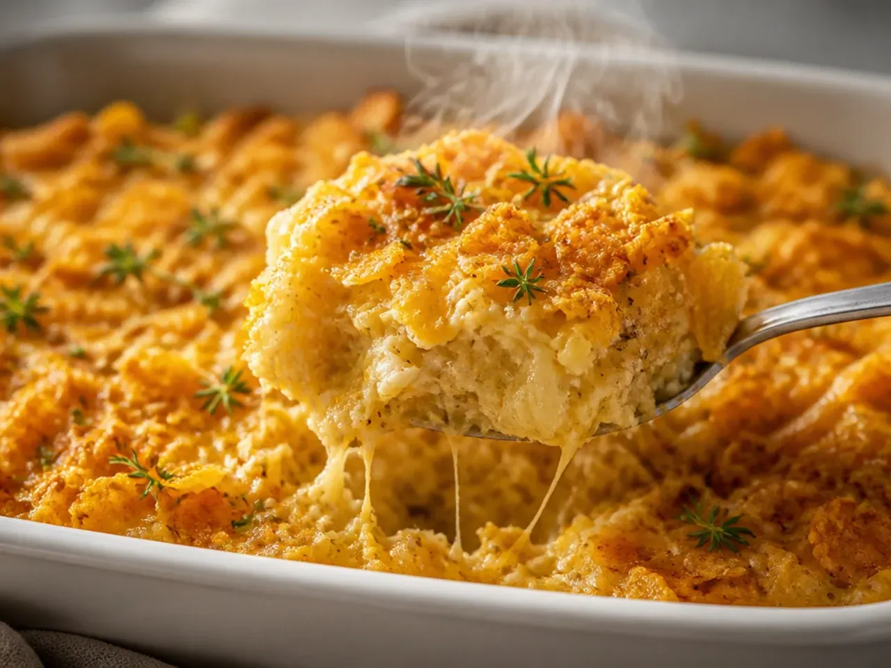 Hearty hashbrown casserole with browned sausage mixed through