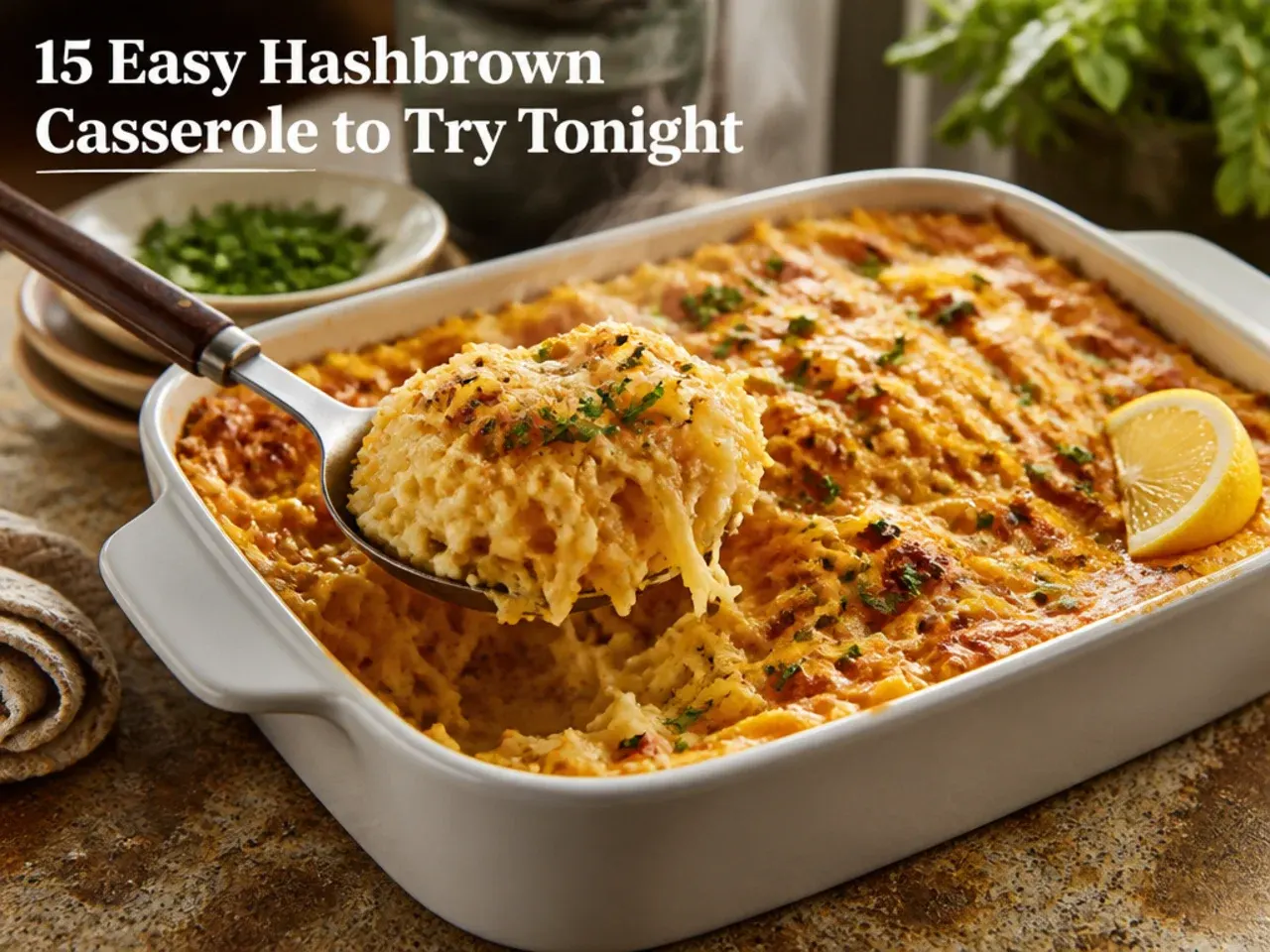 Cozy ham and Swiss hashbrown casserole fresh from the oven