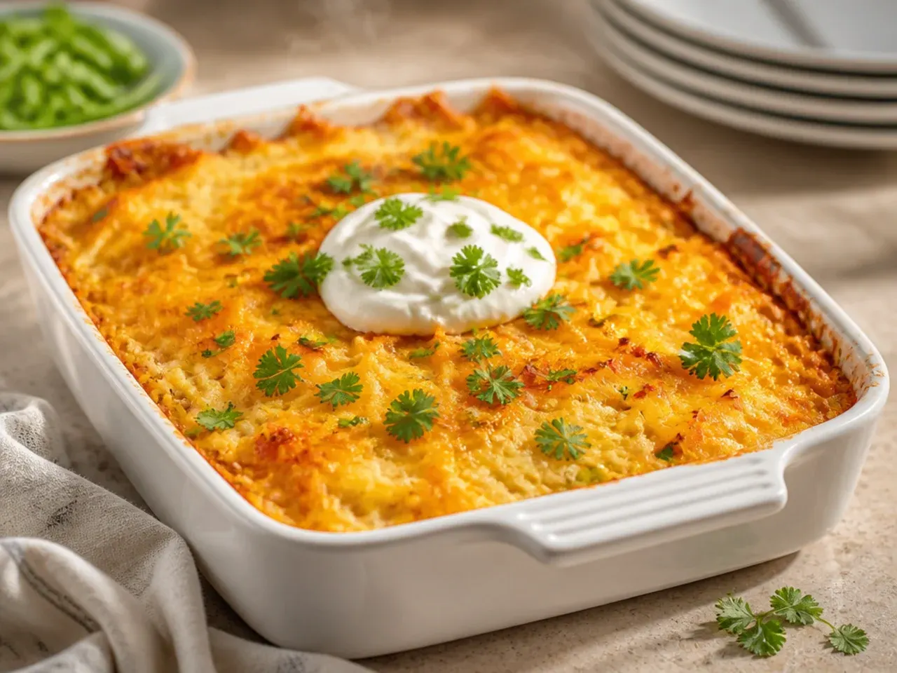 Extra cheesy hashbrown casserole with a gooey, stretchy cheese pull