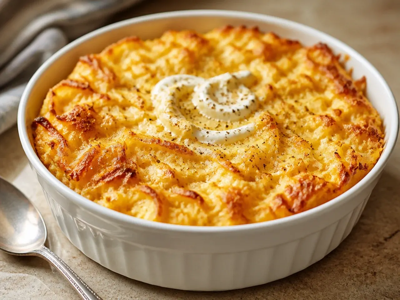 Comforting chicken hashbrown casserole in a rustic baking dish