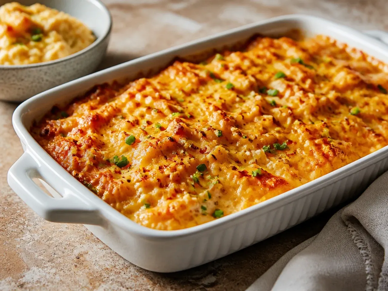 Weeknight hashbrown casserole assembled ahead and ready to bake