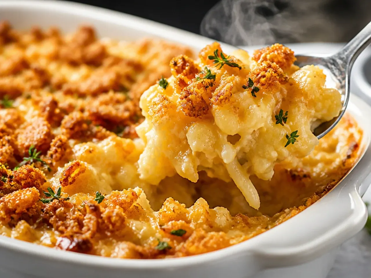Rustic hashbrown casserole baked in a cast iron skillet