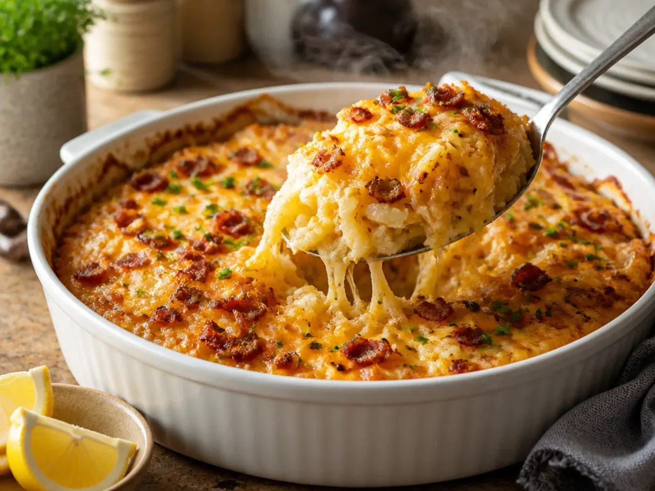 Loaded hashbrown casserole topped with bacon, sour cream and spring onions