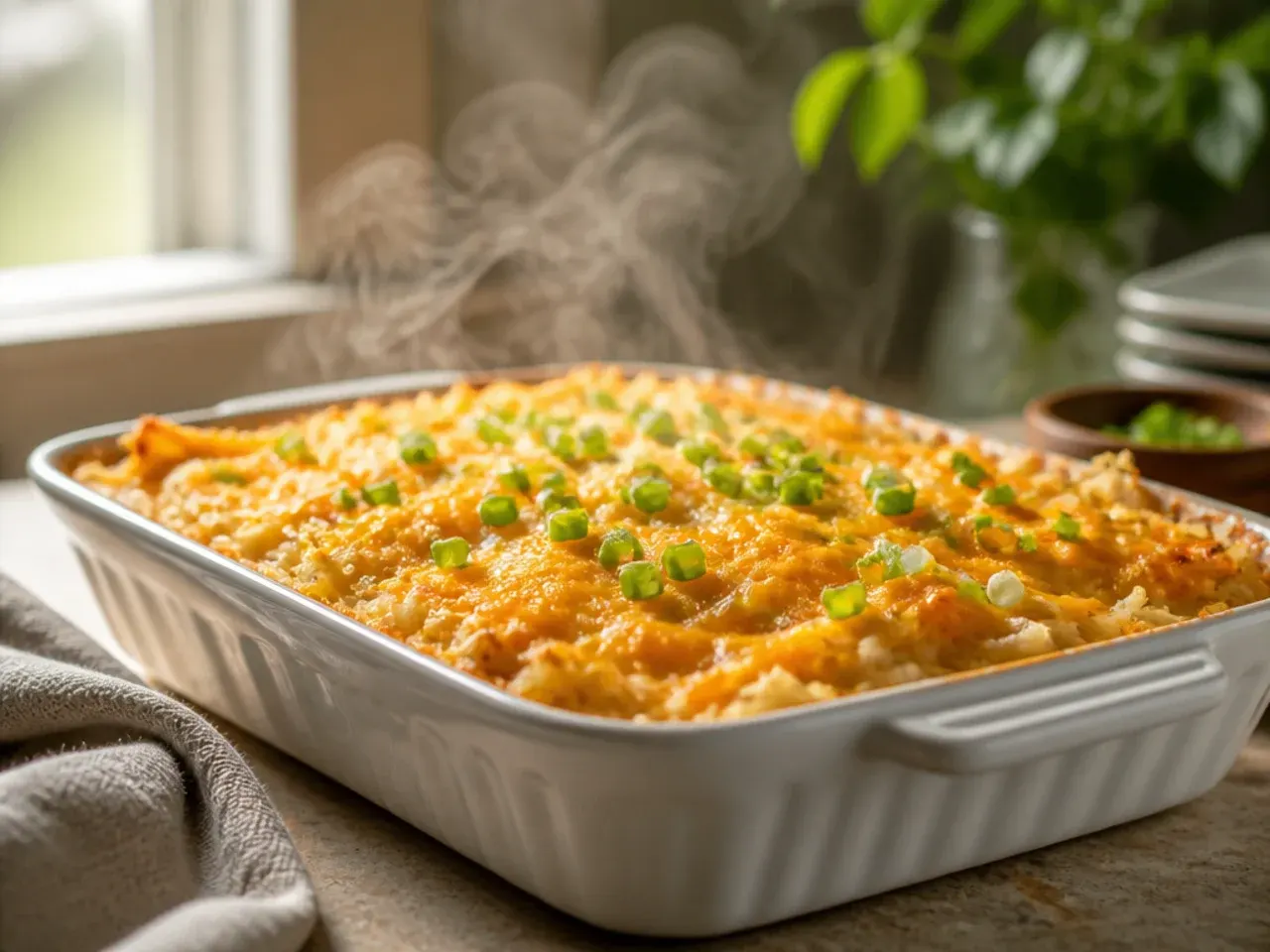 Family-size hashbrown casserole with eggs baked through for brunch