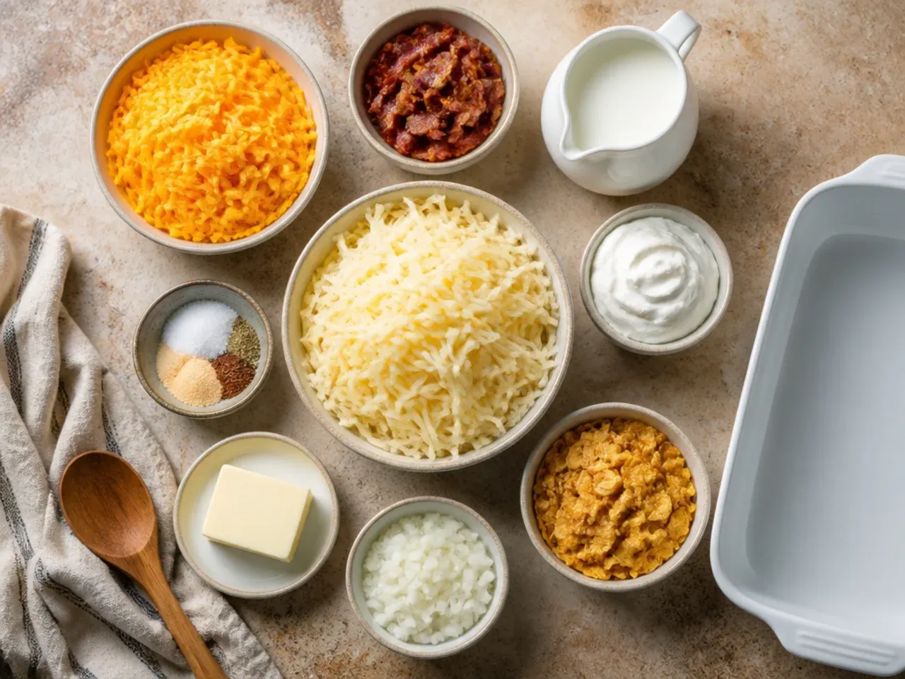 Close-up of hands mixing hashbrown casserole ingredients in a bowl