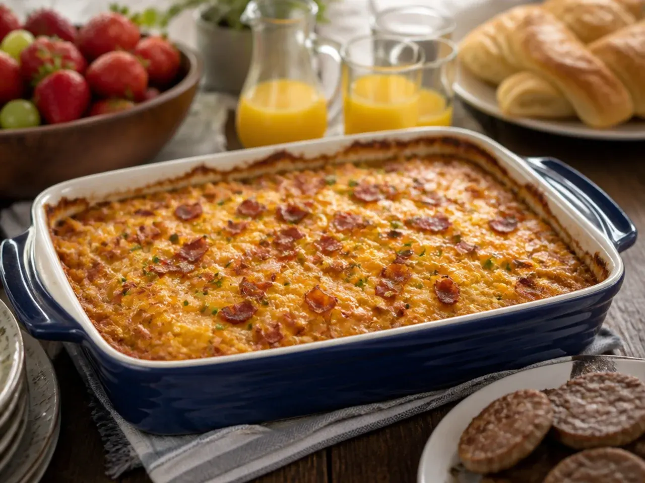 Plate of hashbrown casserole served with eggs and bacon