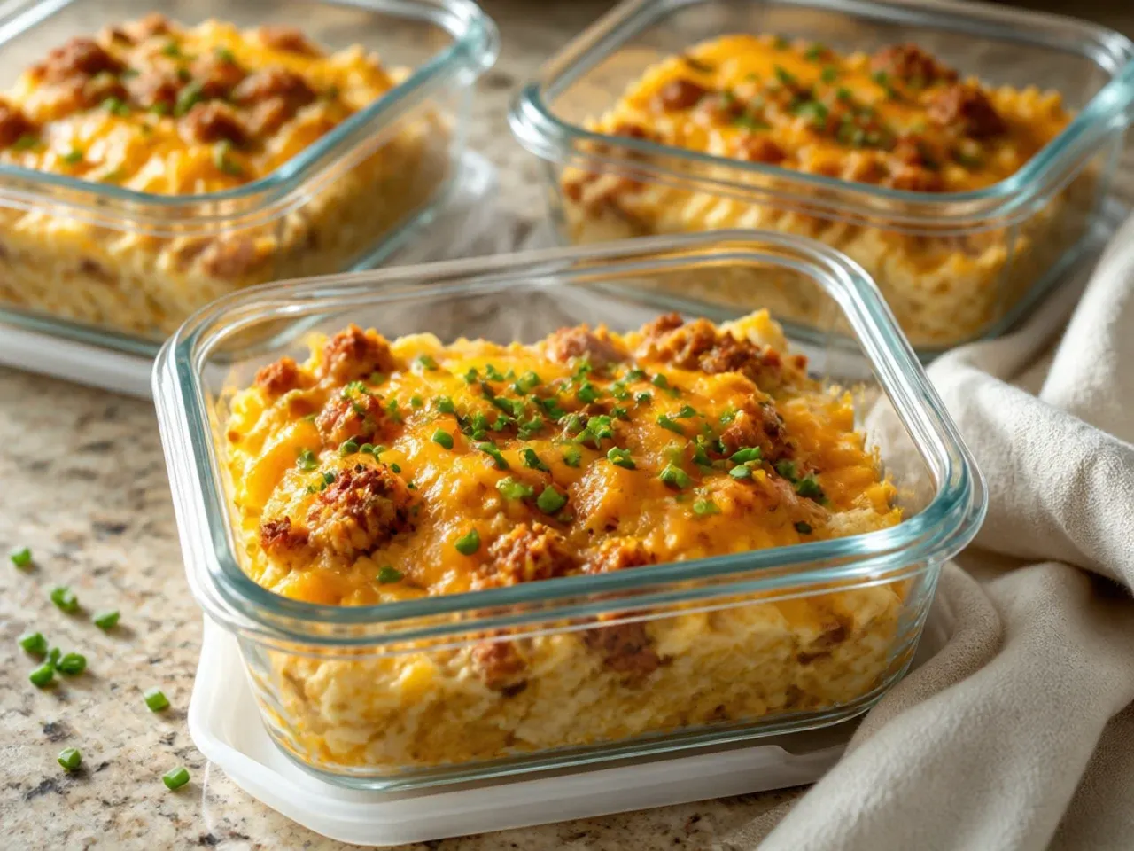 Container of leftover hashbrown casserole ready to store in the fridge