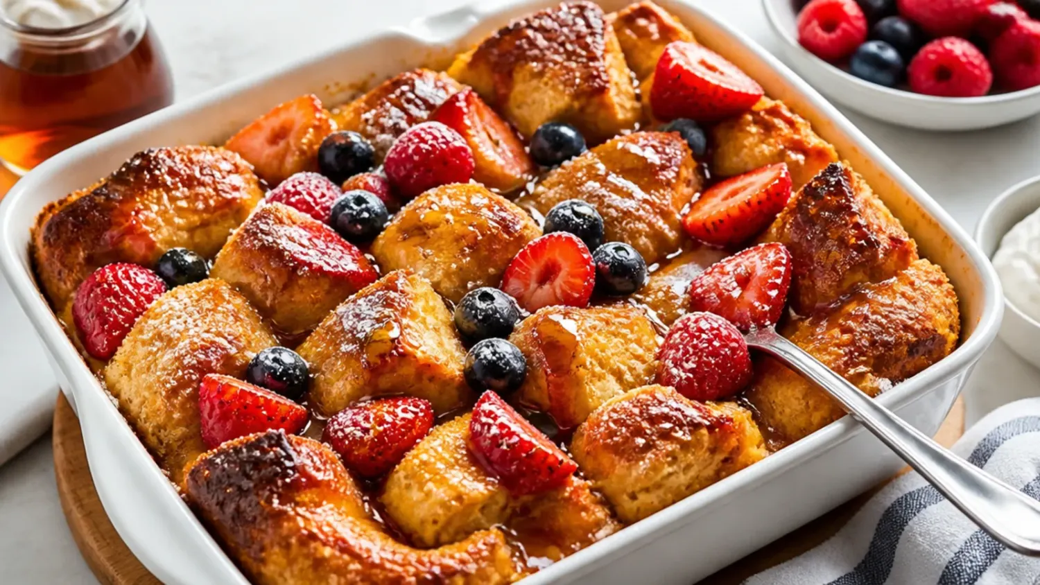 Golden baked Hawaiian roll French toast casserole in a white dish, dusted with icing sugar and drizzled with maple syrup