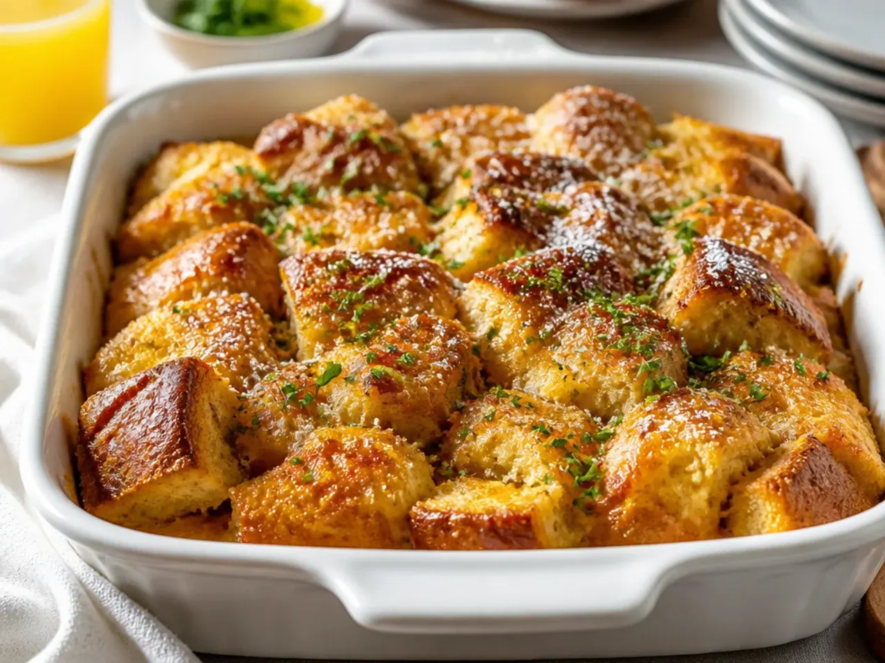 Hawaiian sweet rolls torn into chunks in a baking dish before custard is poured over