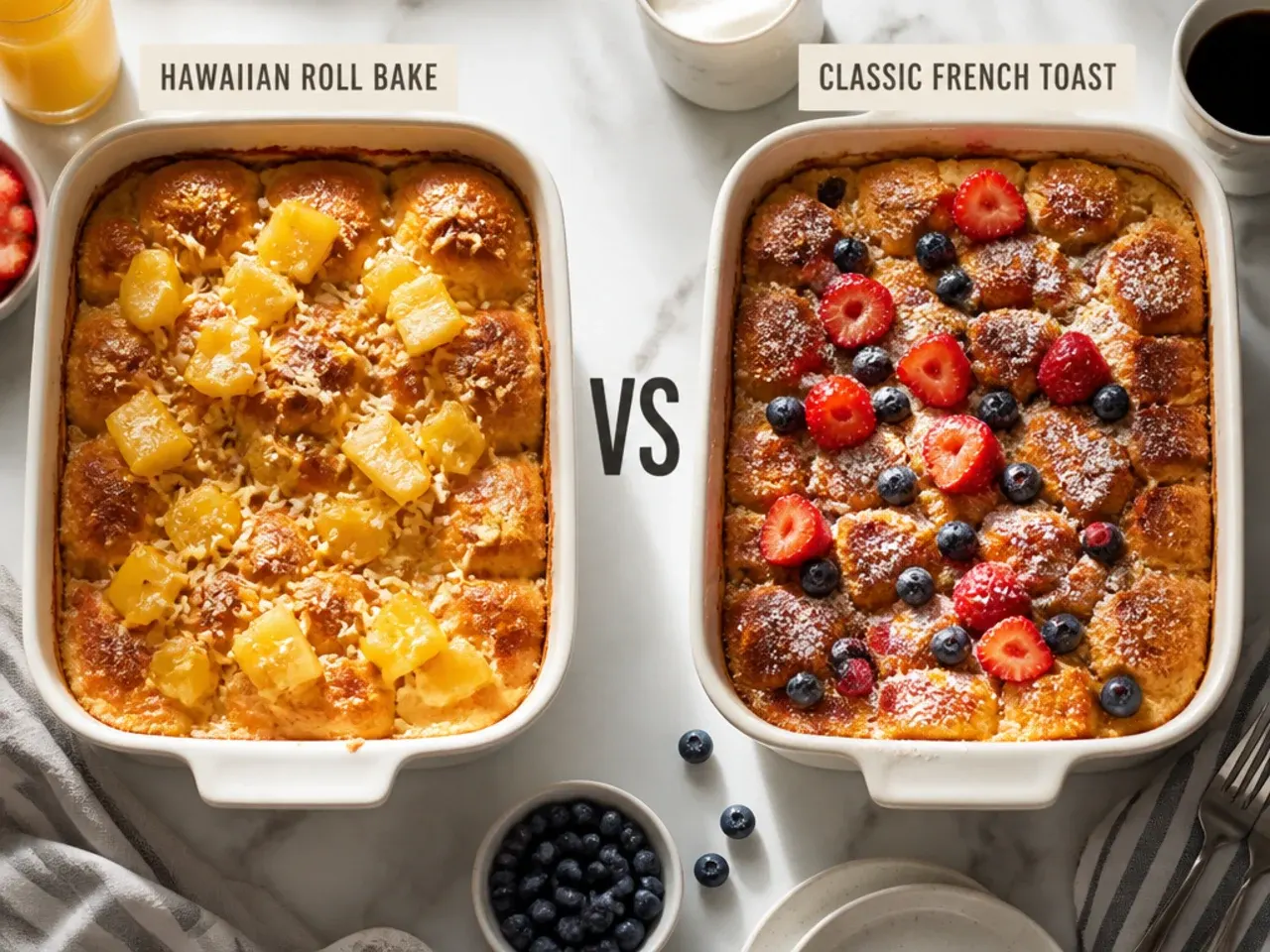 Side-by-side shopping ingredients for Hawaiian roll and classic French toast casserole