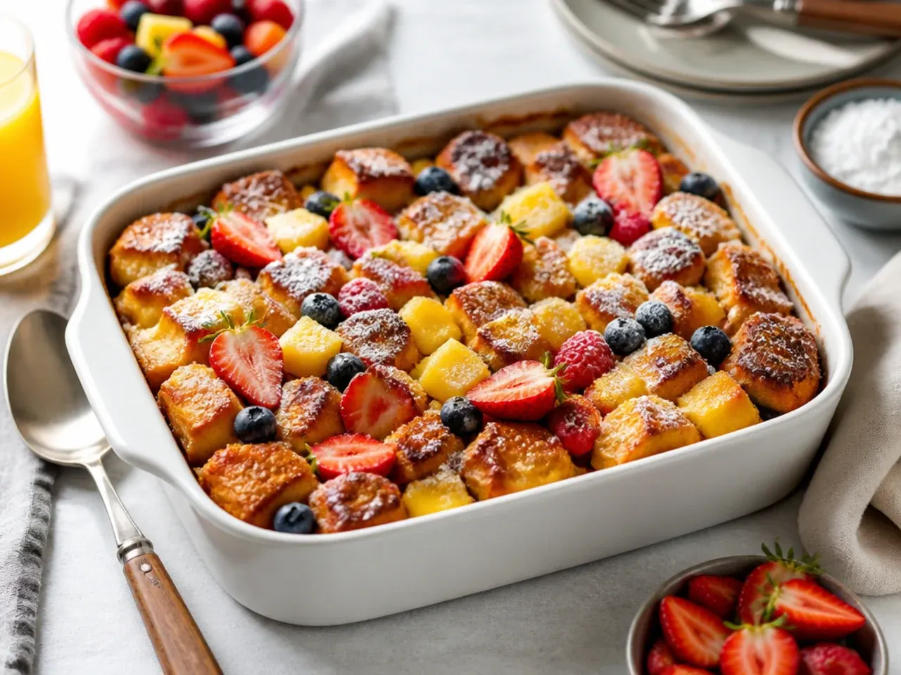 Overnight French toast casserole covered with cling film chilling in the fridge