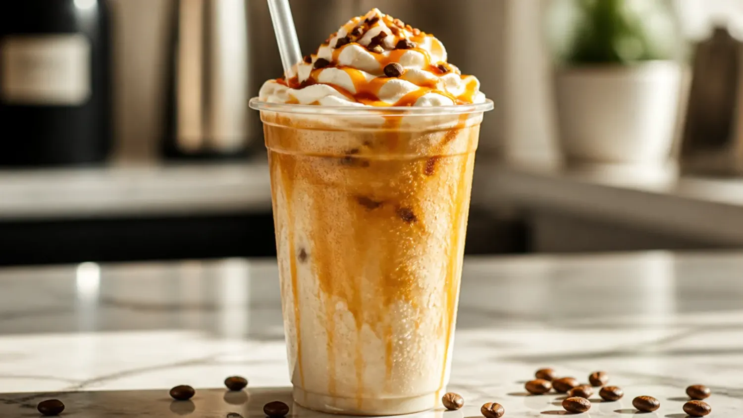 A row of iced coffee drinks in tall glasses layered with cream and drizzled with sugar-free syrup, set on a wooden counter
