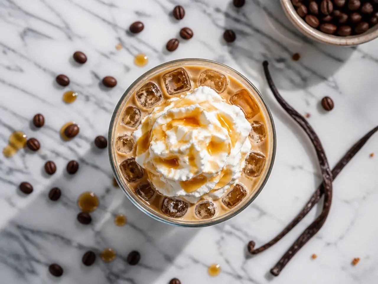 Tall glass of iced vanilla cold brew coffee with almond milk swirled through it