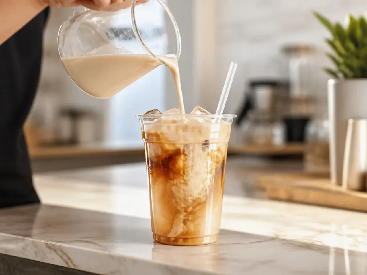 Creamy latte in a glass mug with a thick foam top and a dusting of cocoa