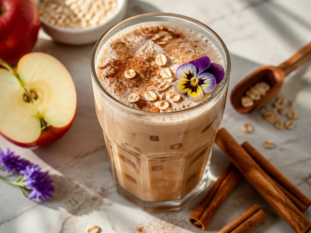 Warm latte in a ceramic mug with cinnamon dusted on the foam
