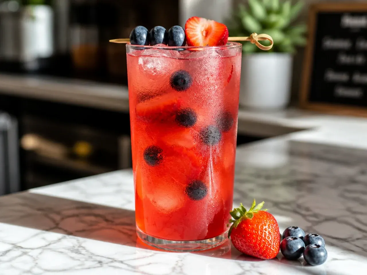 Fruit-forward pink refresher drink with muddled strawberries visible at the bottom of the glass