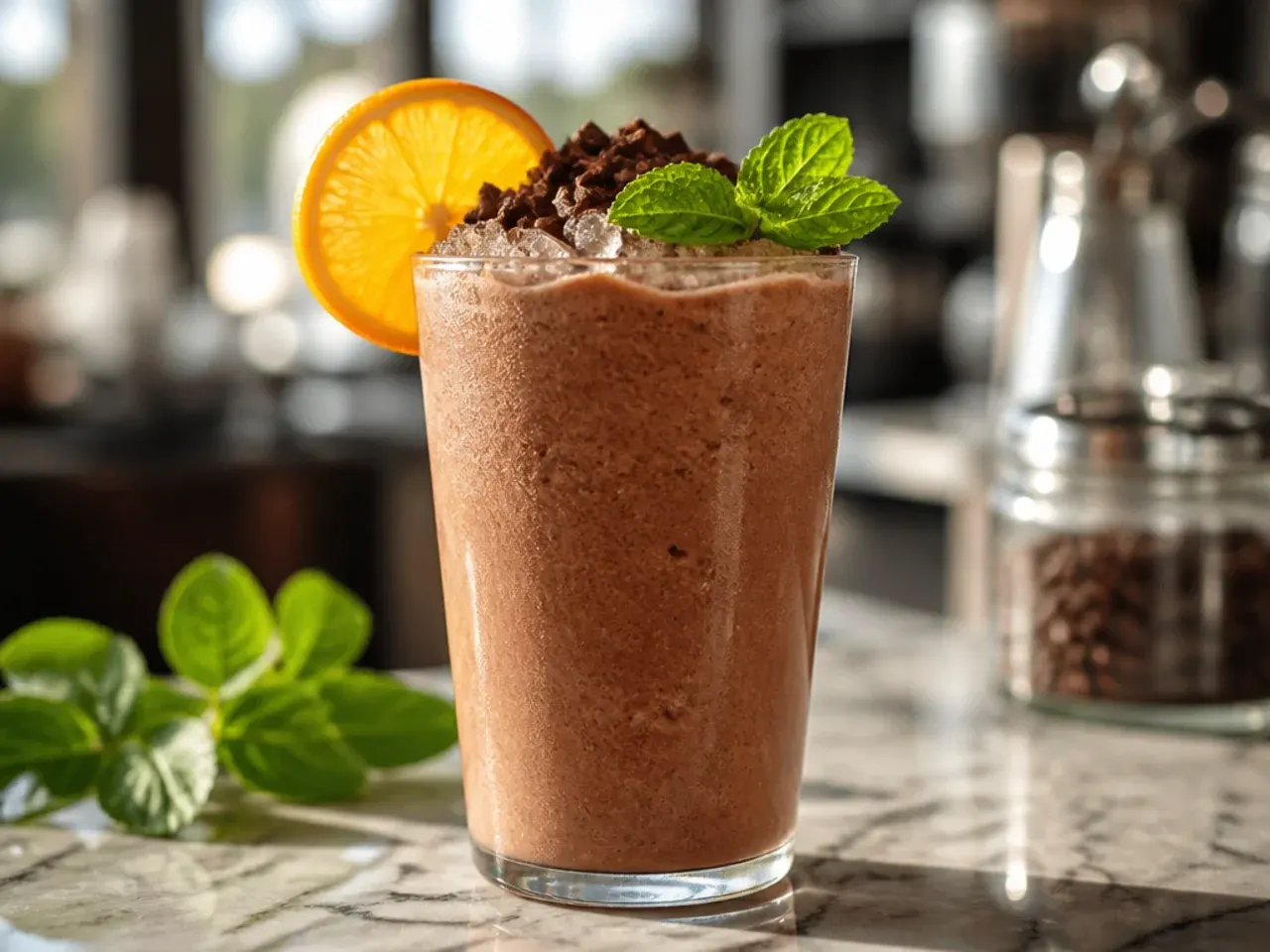 Frozen blended mocha drink in a glass topped with cocoa powder