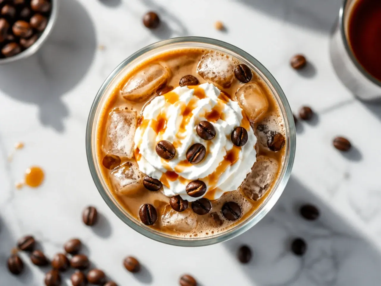Simple black iced coffee in a glass with no toppings, condensation on the outside