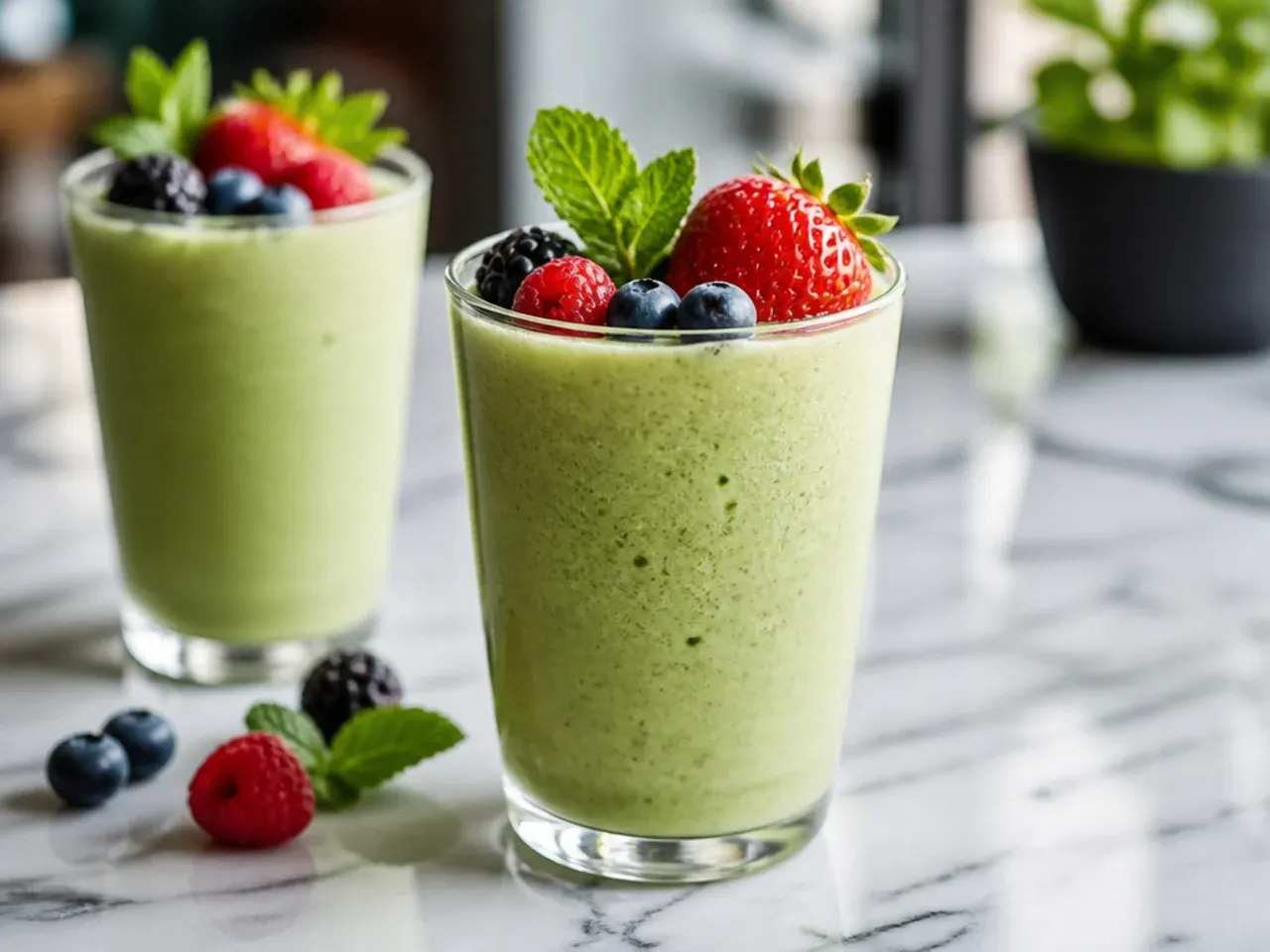 Bright green blended matcha drink in a glass with a straw