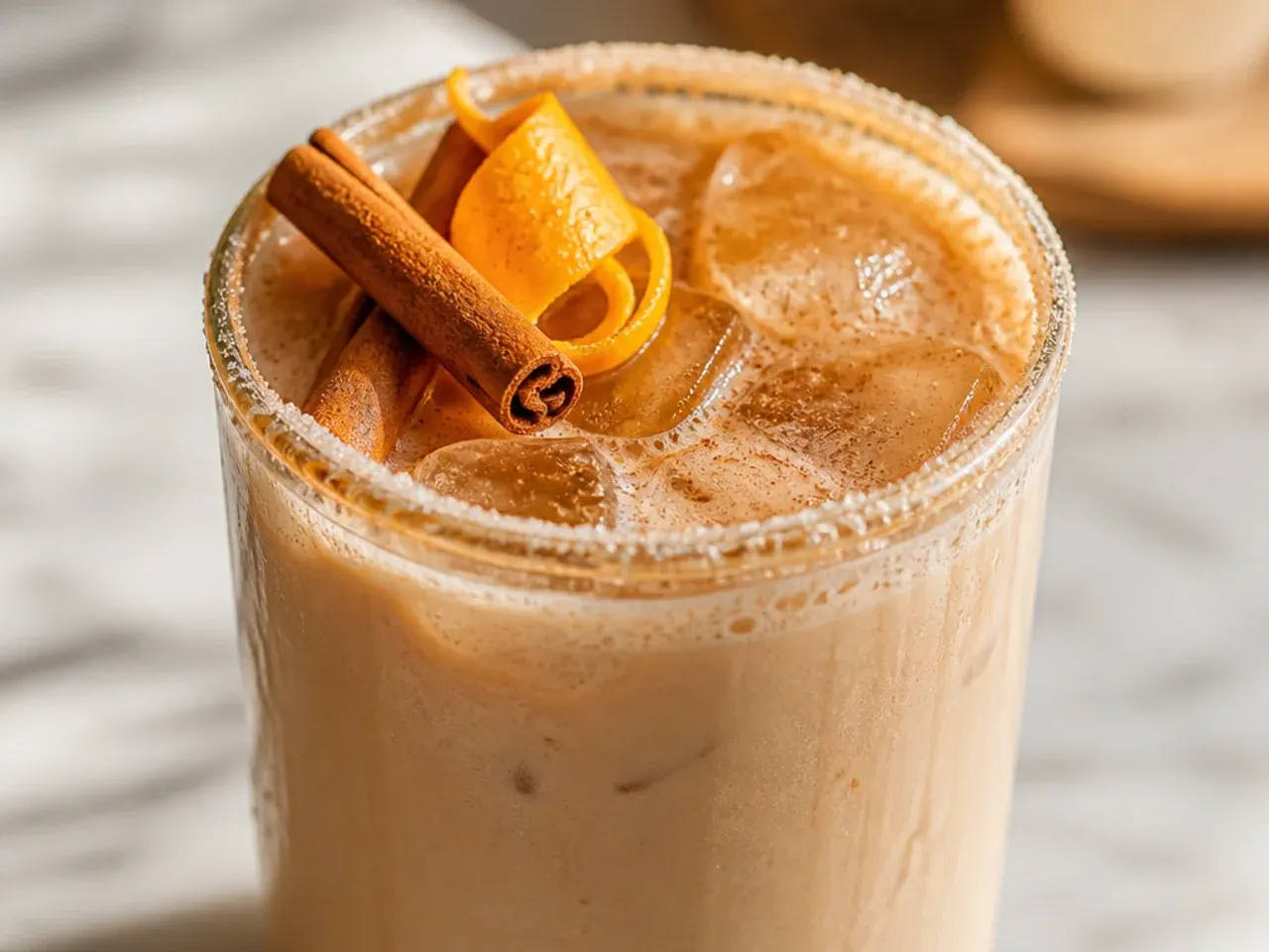 Spiced chai latte in a mug with a cinnamon stick garnish