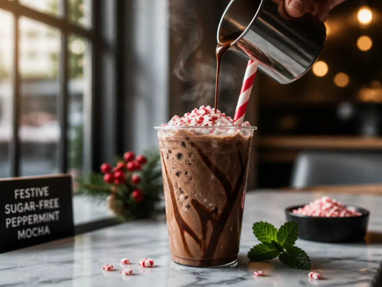 Peppermint mocha in a glass mug topped with crushed candy cane