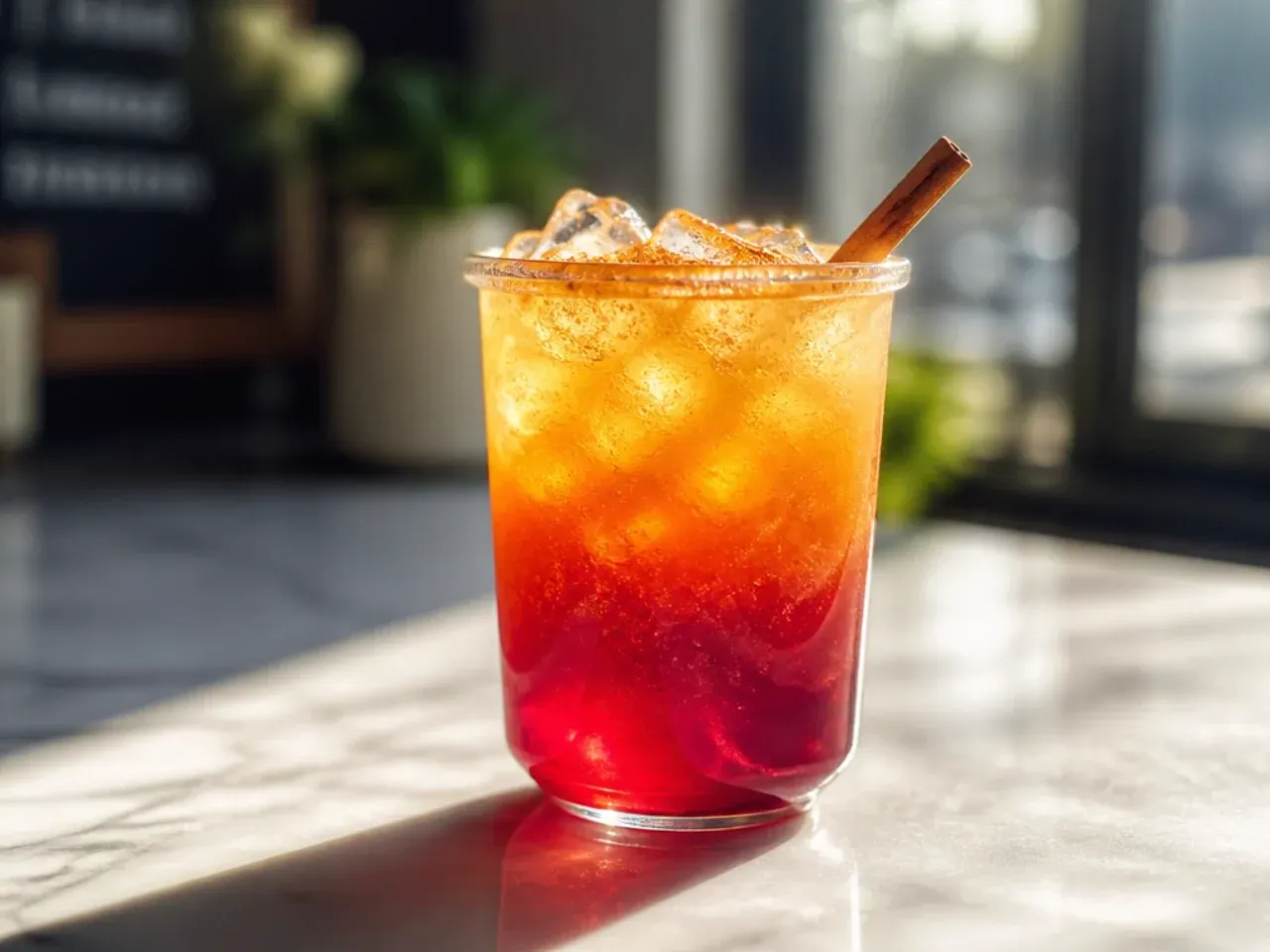 Layered red and orange energy drink in a tall glass with visible colour gradients