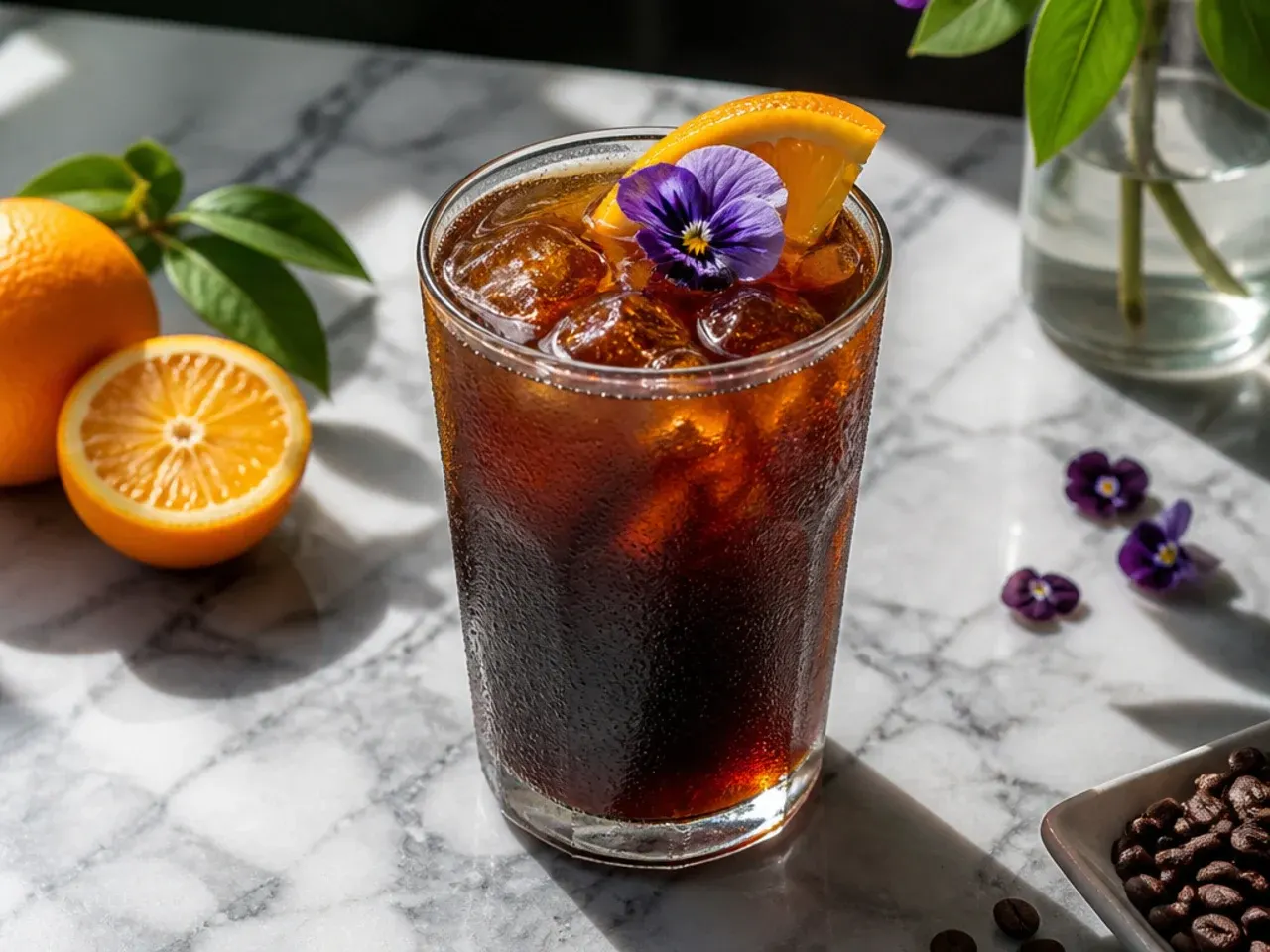 Bold black iced americano in a glass with visible crema on top of the ice
