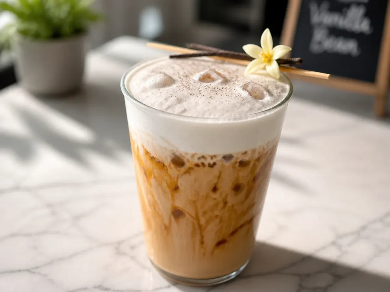 Iced coffee topped with a thick pale foam layer in a clear glass