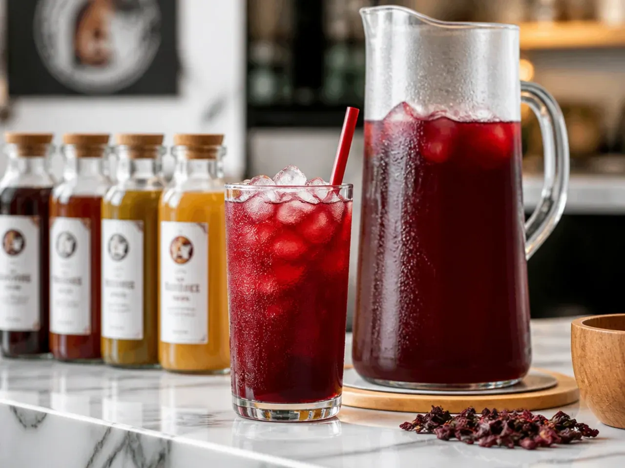 Pitcher of cold brew concentrate next to small jars of syrup on a kitchen counter