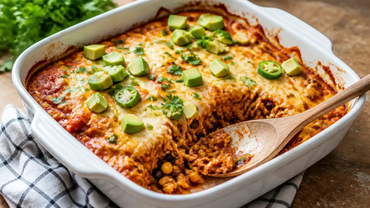 Overhead shot of a healthy chicken enchilada casserole in a baking dish, topped with melted light cheese, fresh coriander and diced avocado