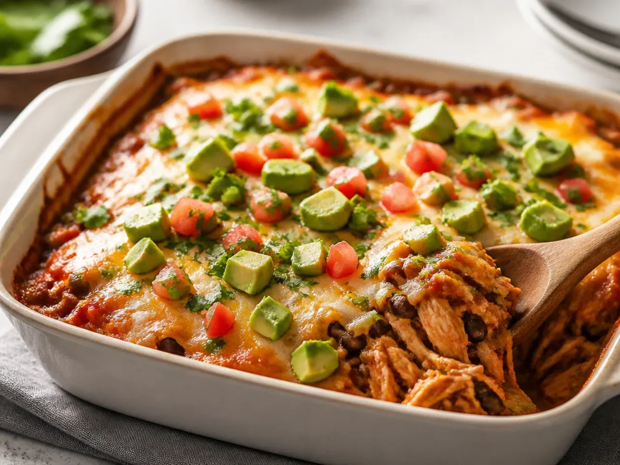 Ingredients for a healthy chicken enchilada casserole laid out: shredded chicken breast, corn tortillas, light enchilada sauce, Greek yogurt and vegetables