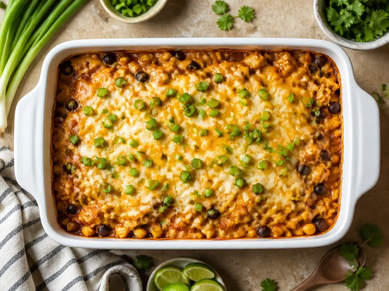 Classic lightened-up chicken enchilada casserole with lean shredded chicken and a light cheese topping