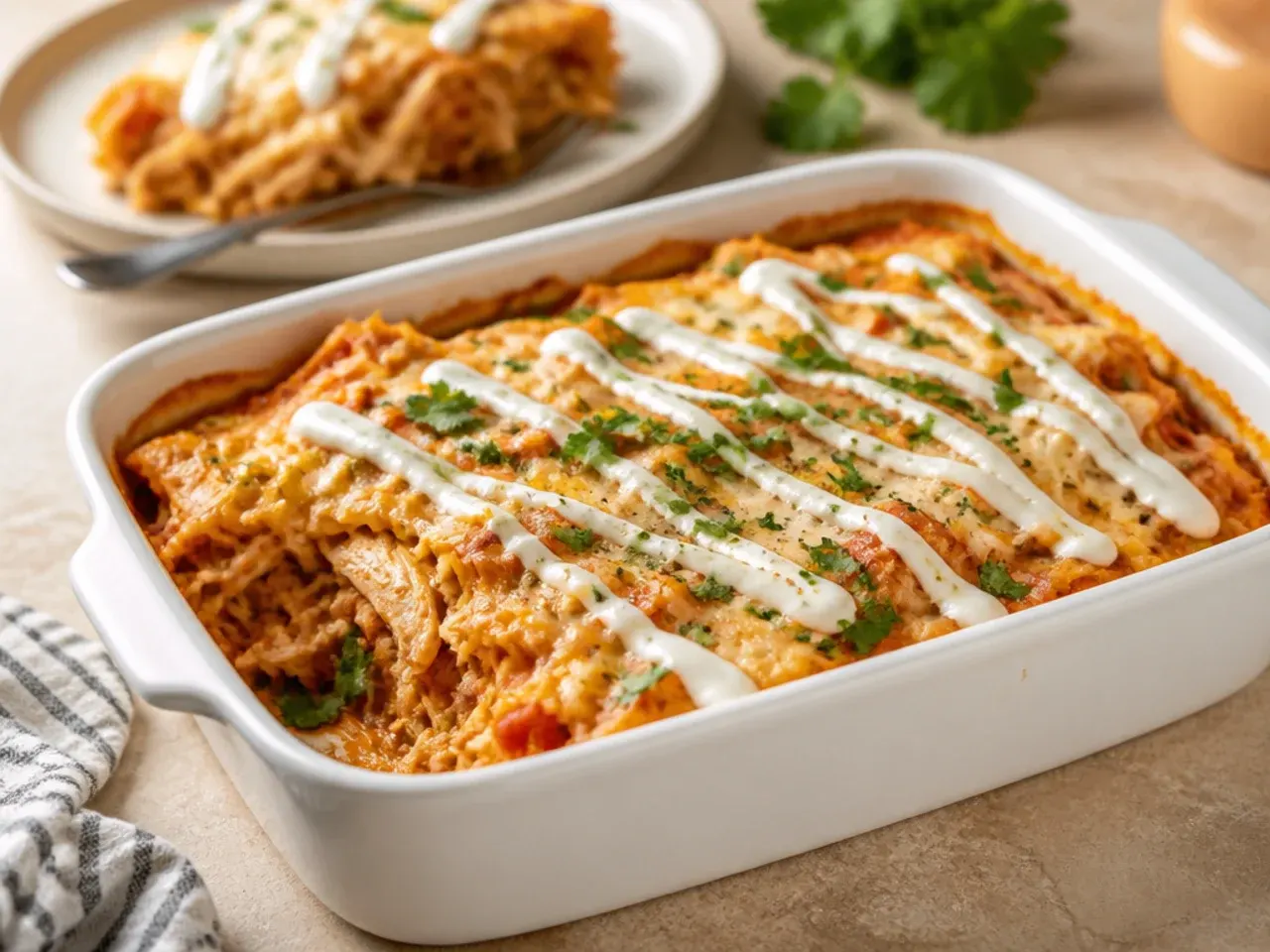 Five simple healthy ingredients for an easy chicken enchilada casserole arranged on a counter