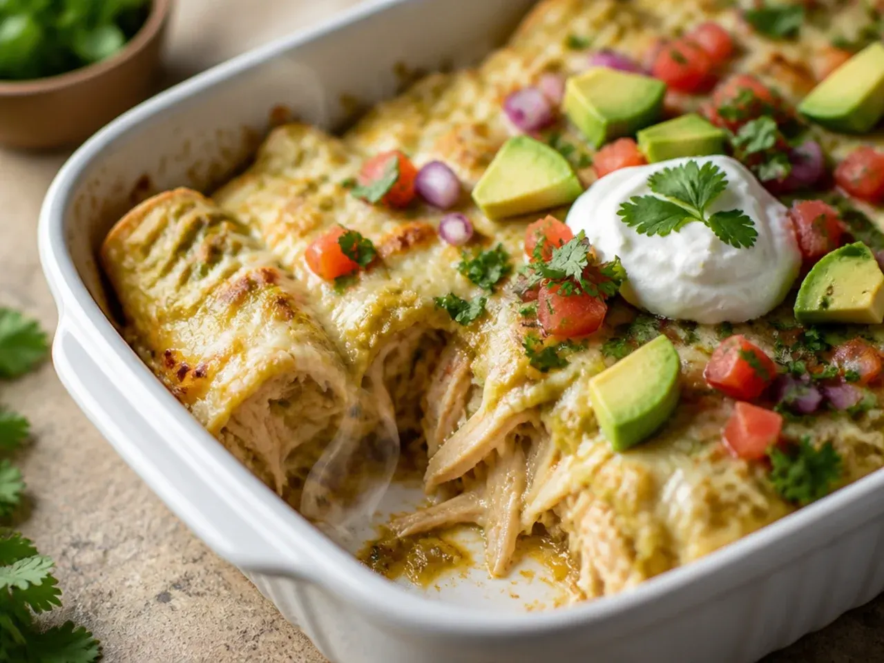 Cozy green chile healthy chicken enchilada casserole with a tangy tomatillo sauce