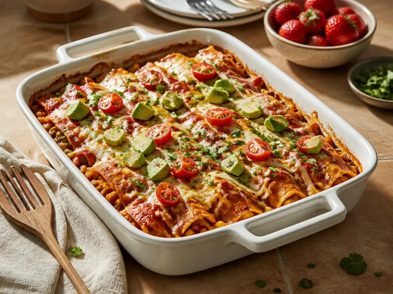 Simple one-pan healthy chicken enchilada casserole baked in a non-stick skillet