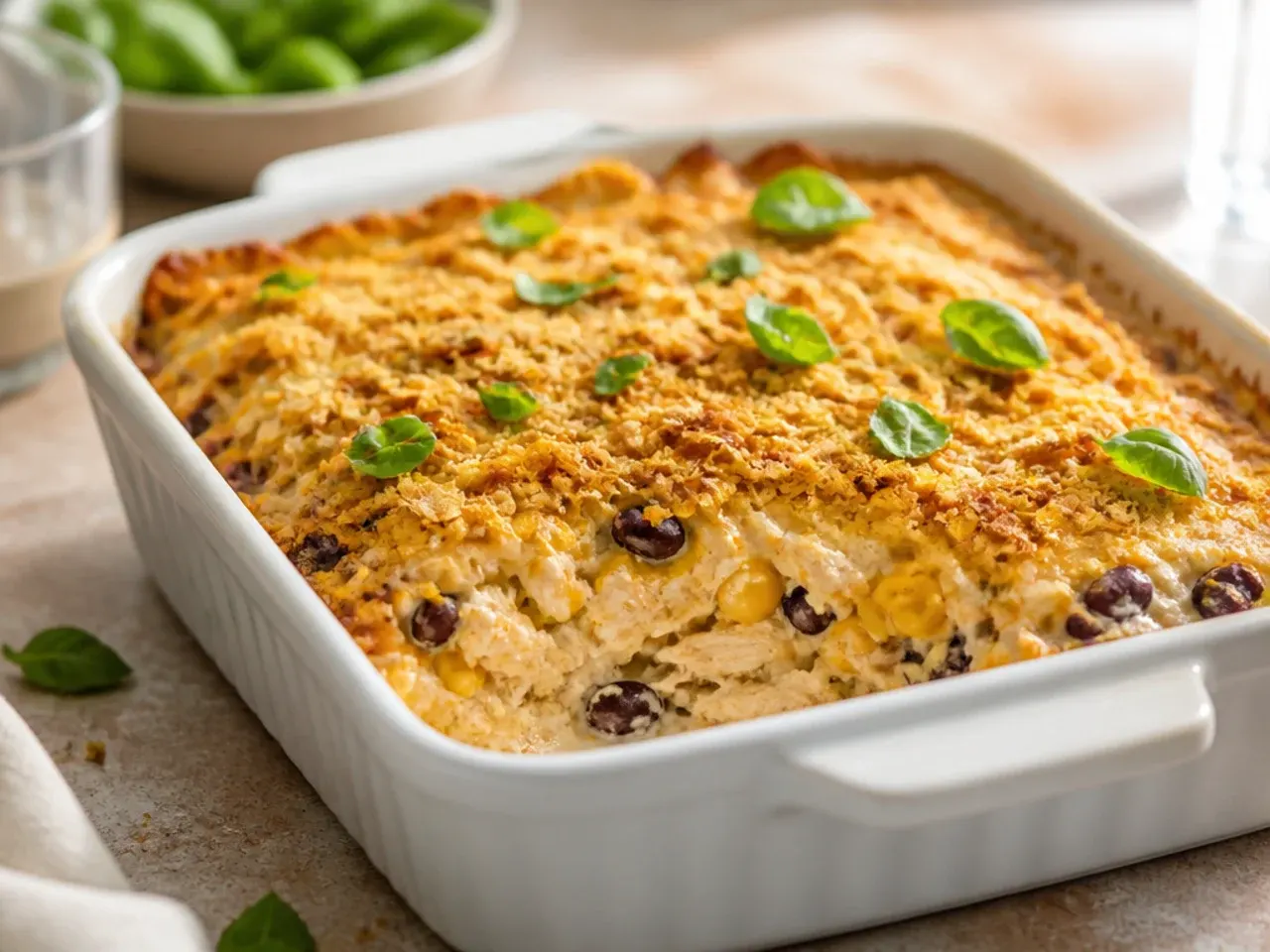 Close-up of creamy healthy chicken enchilada casserole made with Greek yogurt instead of sour cream