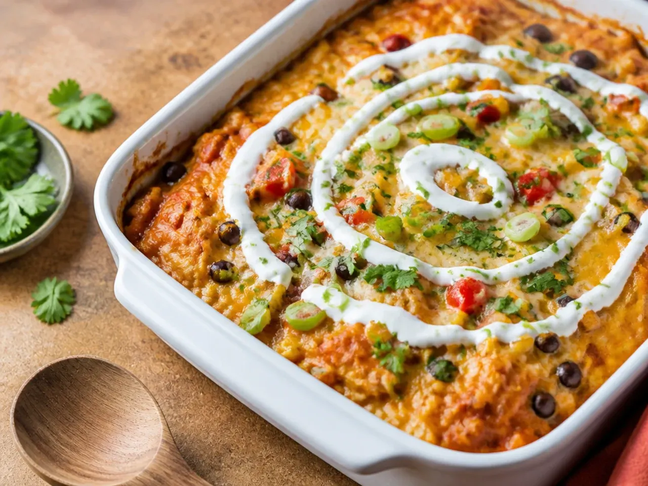 Loaded veggie healthy chicken enchilada casserole with courgette, peppers, corn and spinach folded through