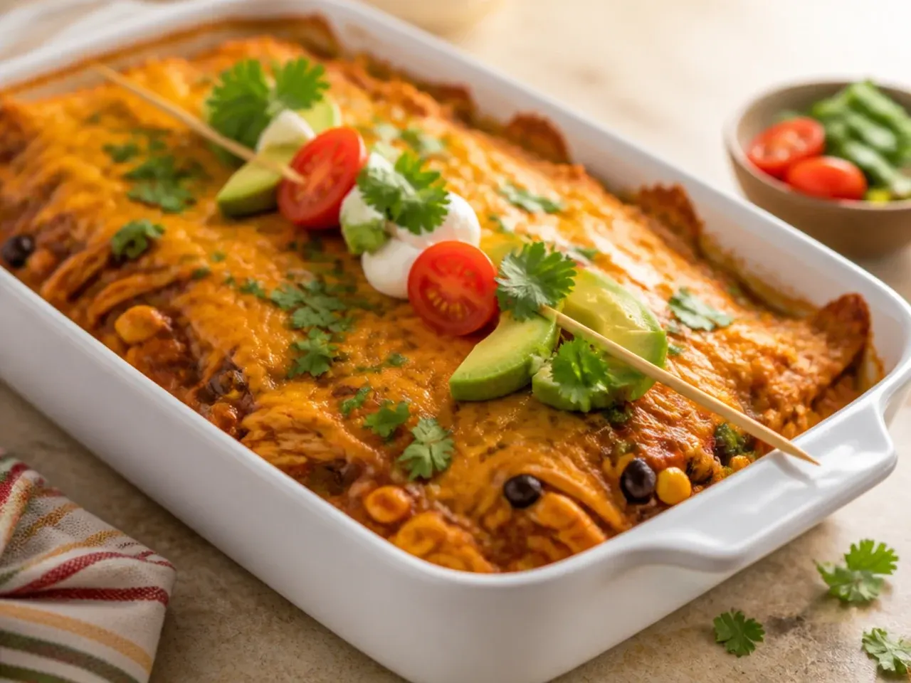 Best-ever lightened chicken enchilada casserole with a deep homemade sauce and light cheese top