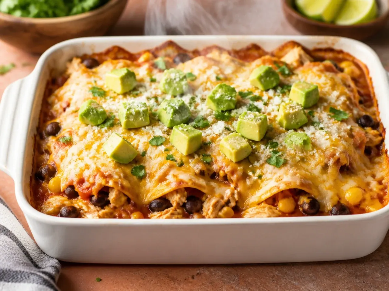 Lighter cheesy healthy chicken enchilada casserole with reduced-fat cheese melted on top