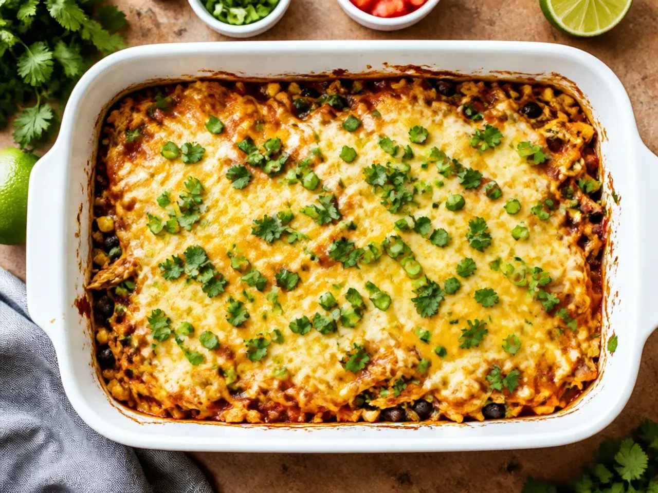 Budget-friendly healthy chicken enchilada casserole made with simple pantry ingredients