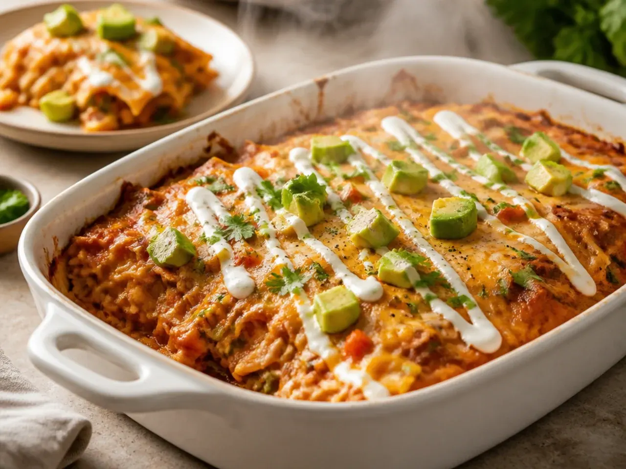 Two trays of healthy chicken enchilada casserole set out for a party with lighter toppings on the side