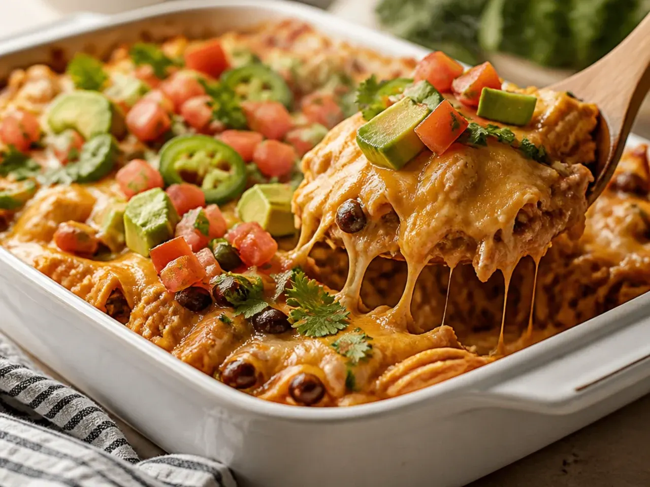 Healthy chicken enchilada casserole assembled in a dish and covered ready to refrigerate