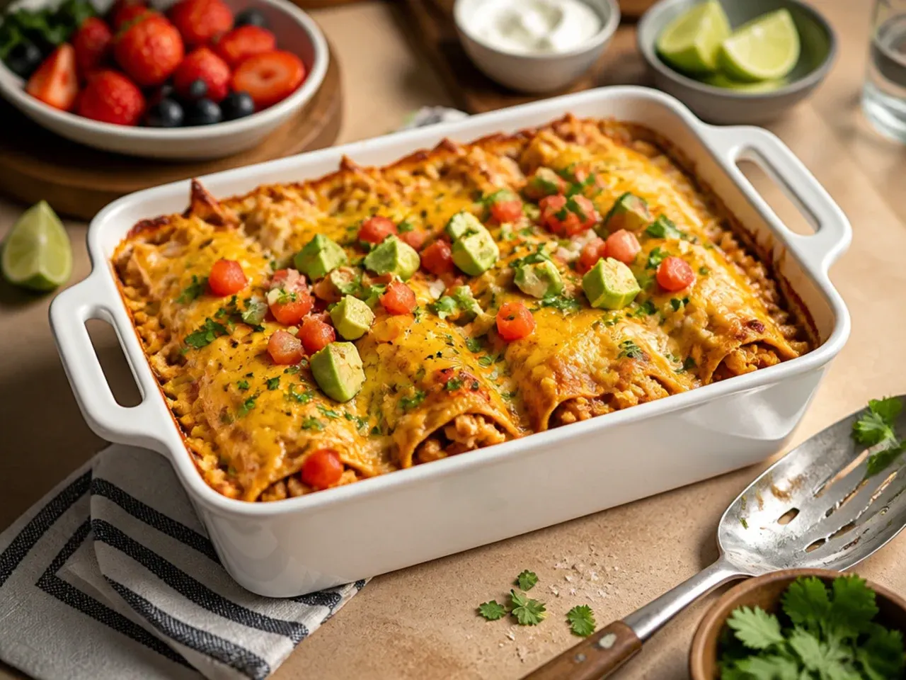 Family-friendly mild healthy chicken enchilada casserole served on plates for a weeknight dinner