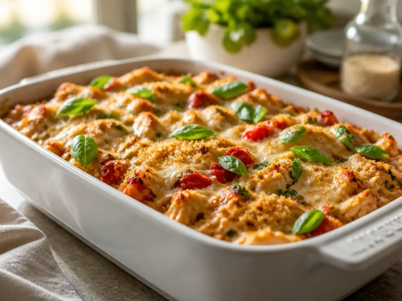 Festive healthy chicken enchilada casserole with visible sections of red and green sauce